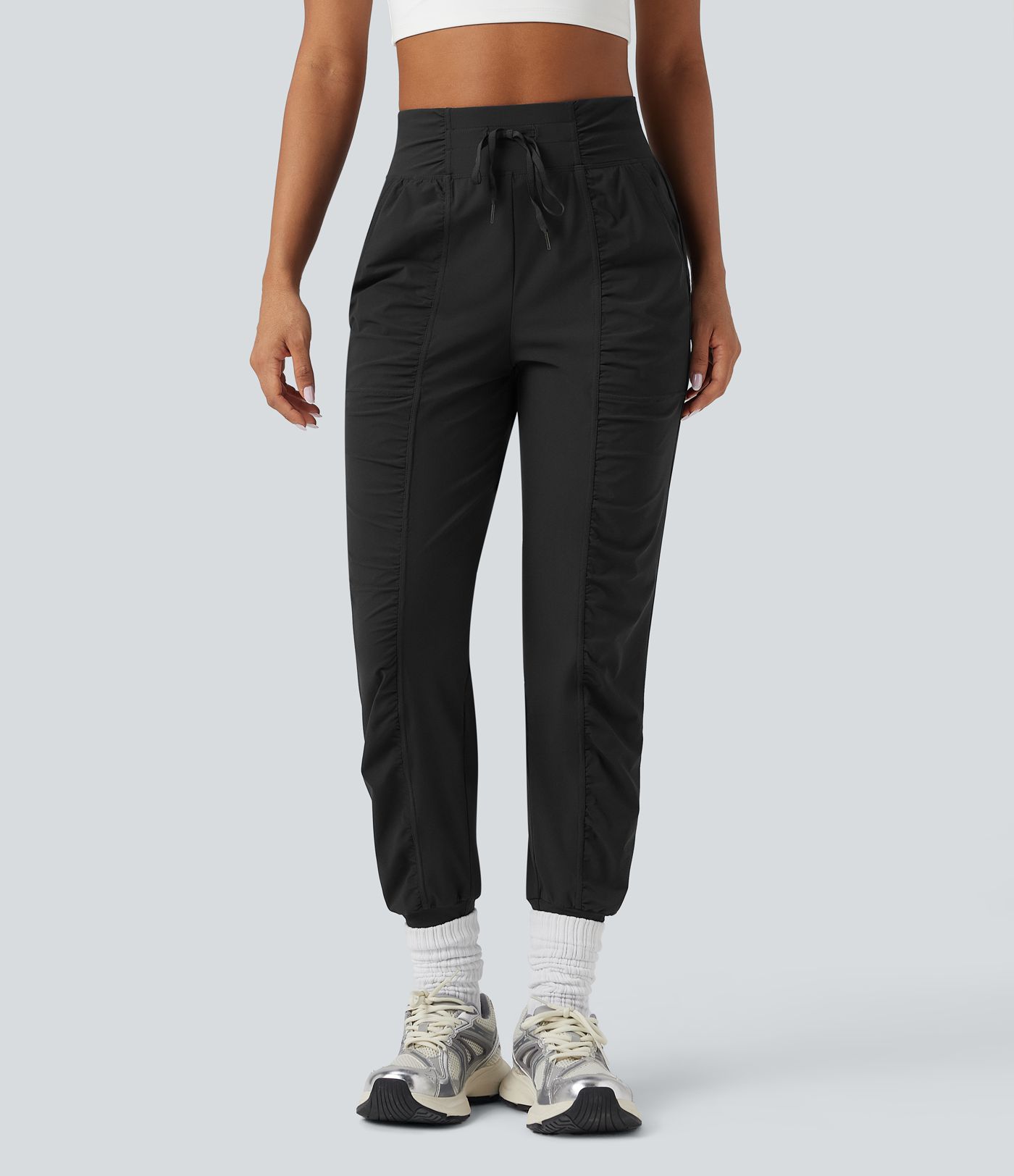 High Waisted Drawstring Ruched Tapered Quick Dry Dance Joggers with Pockets