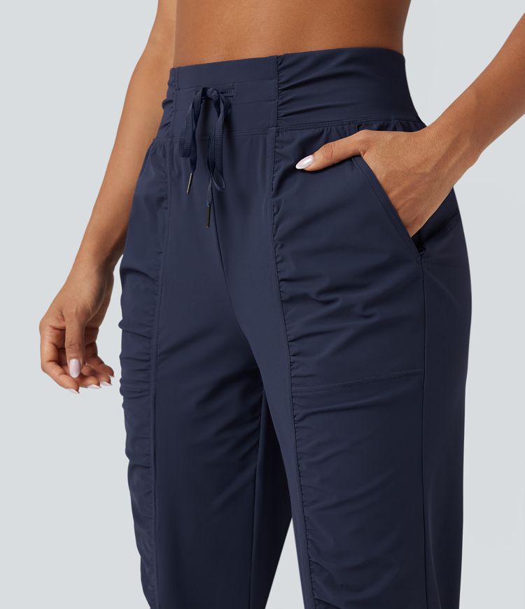 High Waisted Drawstring Ruched Tapered Quick Dry Dance Joggers with Pockets