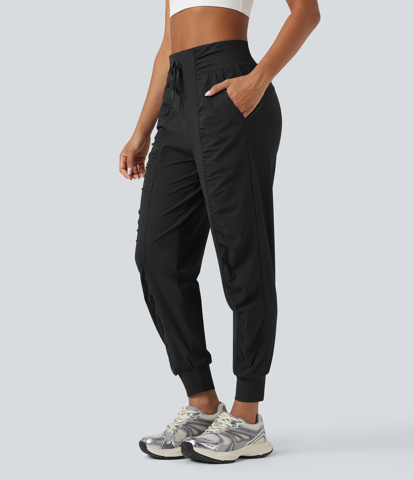 High Waisted Drawstring Ruched Tapered Quick Dry Dance Joggers with Pockets