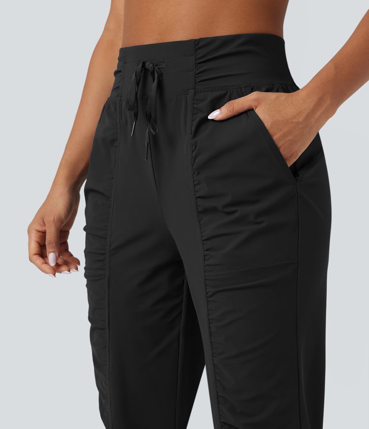 High Waisted Drawstring Ruched Tapered Quick Dry Dance Joggers with Pockets
