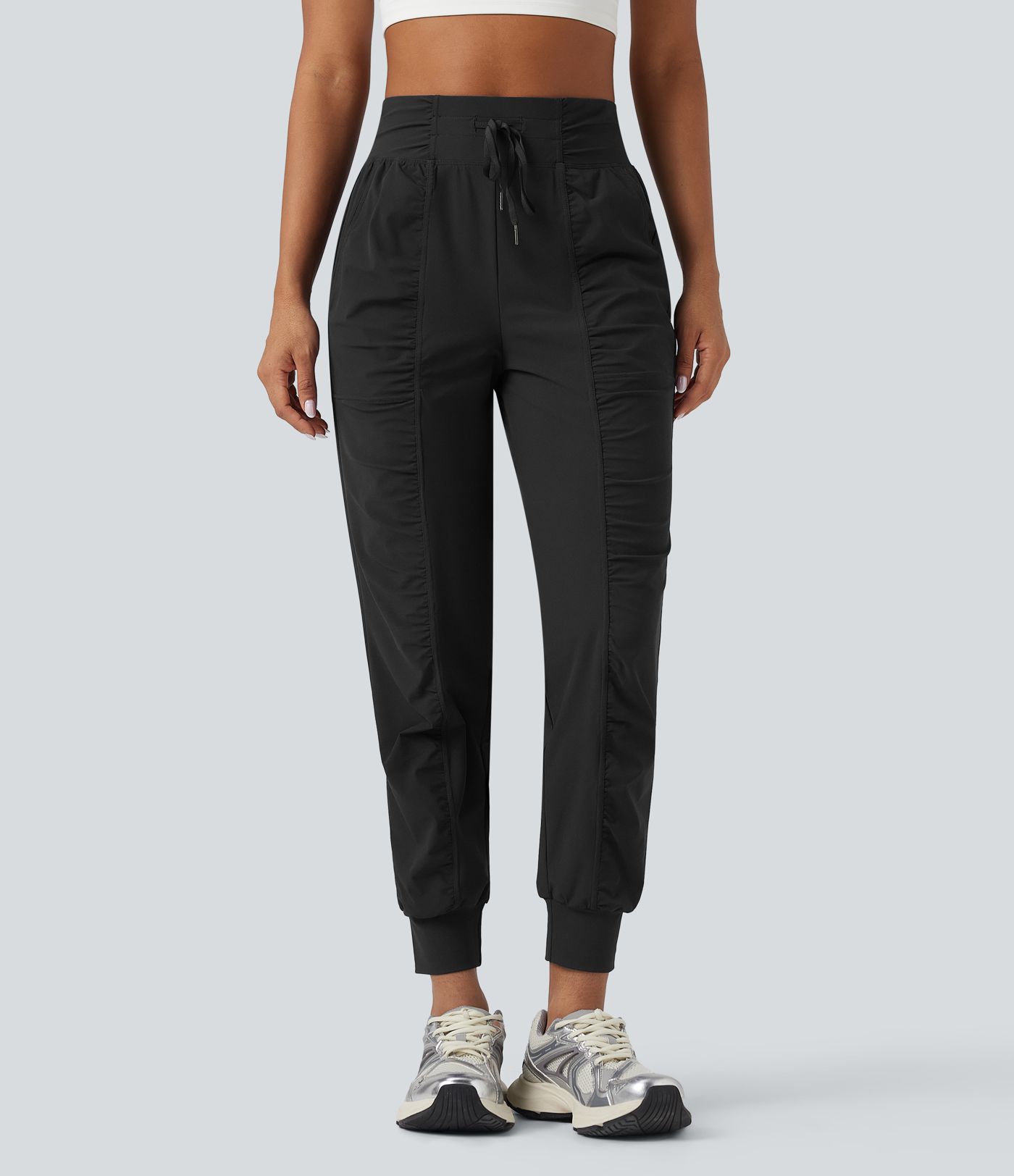 High Waisted Drawstring Ruched Tapered Quick Dry Dance Joggers with Pockets