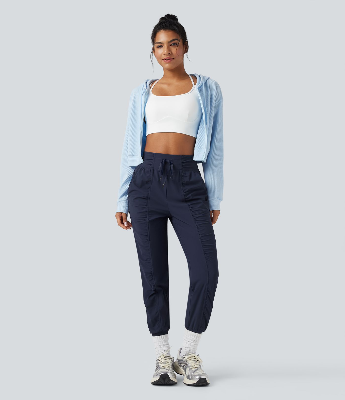 High Waisted Drawstring Ruched Tapered Quick Dry Dance Joggers with Pockets