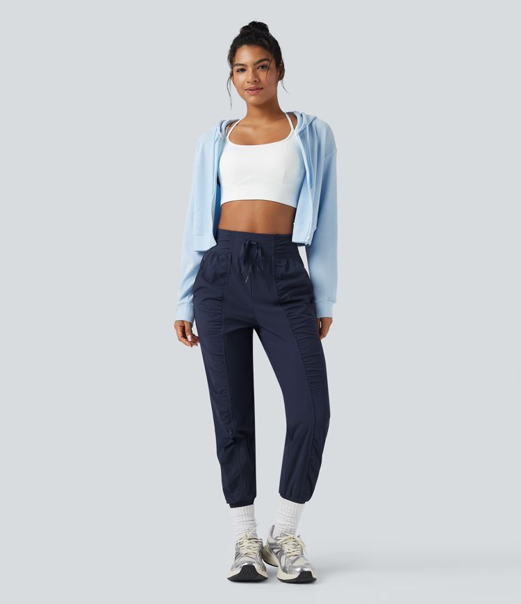 High Waisted Drawstring Ruched Tapered Quick Dry Dance Joggers with Pockets