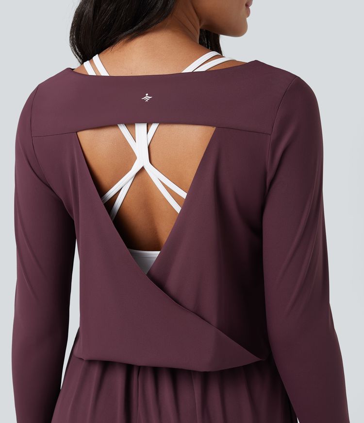 SoftlyZero™ Airy Cut-out Back Long Sleeve Thumb Holes Yoga Jumpsuit with Pockets-Easy Peezy