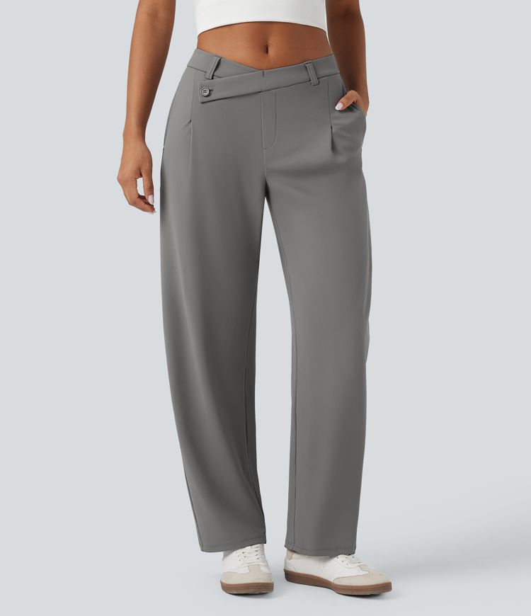 Pantalon fuselé décontracté asymétrique taille mi-haute avec poches