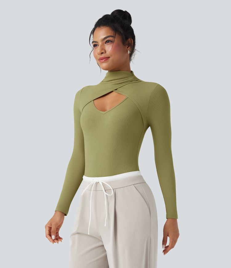 Ribbed Knit High-neck Cut-out Long Sleeve Skinny Work Bodysuit