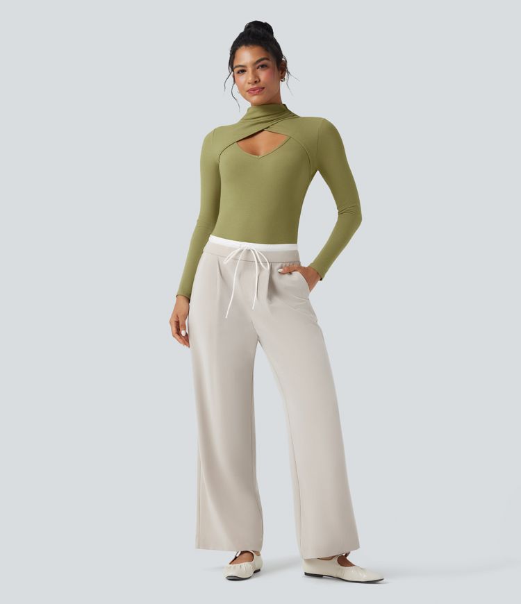 Ribbed Knit High-neck Cut-out Long Sleeve Skinny Work Bodysuit