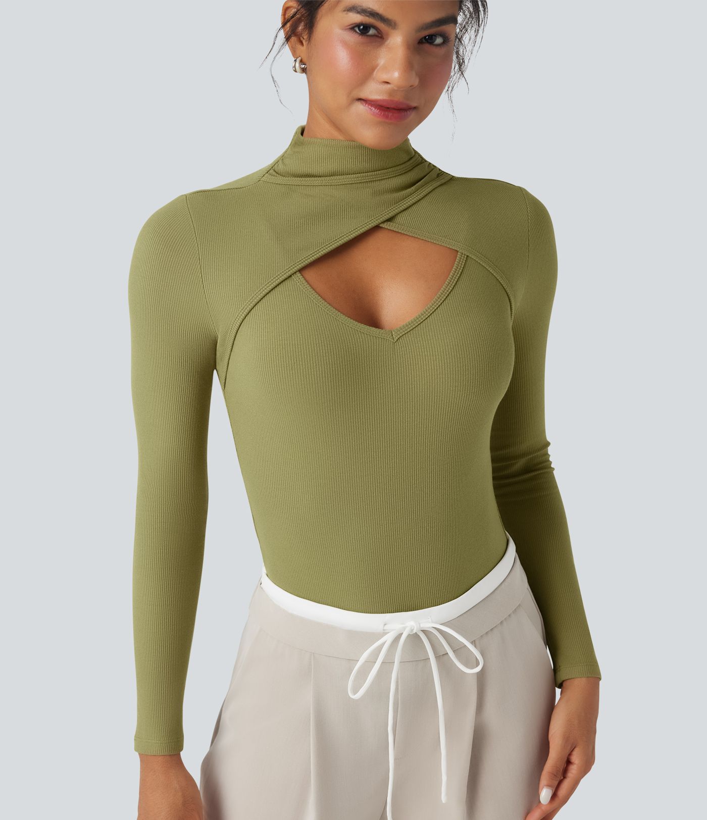 Bordázott kötött, magas nyakú, kivágásos, hosszú ujjú, testhezálló body munkához