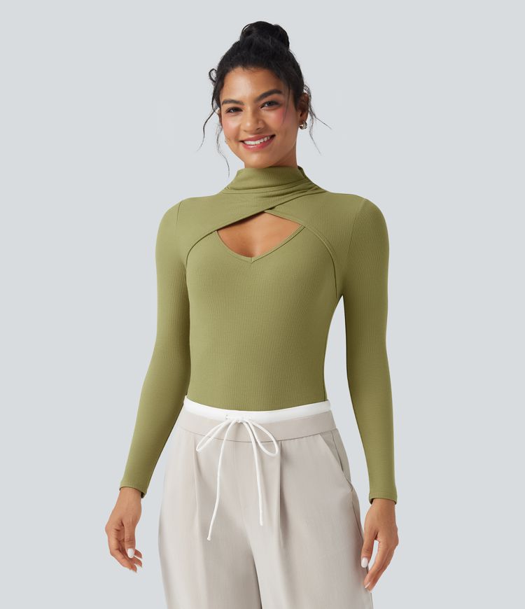 Ribbed Knit High-neck Cut-out Long Sleeve Skinny Work Bodysuit