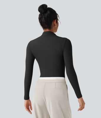 Ribbed Knit High-neck Cut-out Long Sleeve Skinny Work Bodysuit