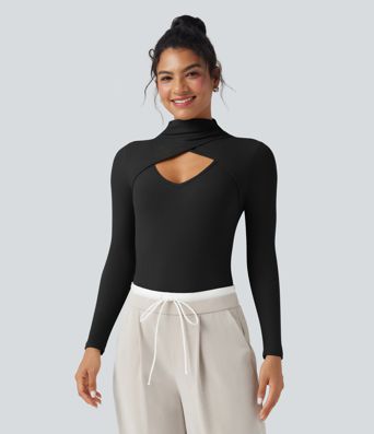 Ribbed Knit High-neck Cut-out Long Sleeve Skinny Work Bodysuit