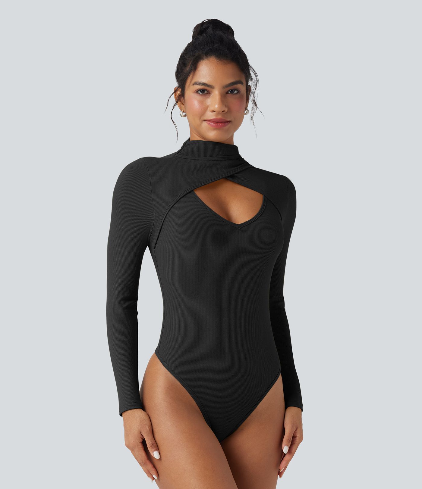 Ribbed Knit High-neck Cut-out Long Sleeve Skinny Work Bodysuit
