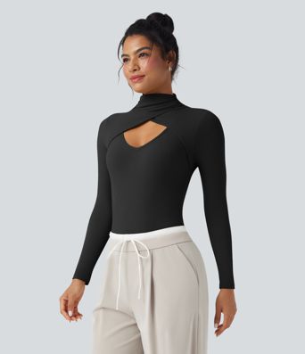 Ribbed Knit High-neck Cut-out Long Sleeve Skinny Work Bodysuit