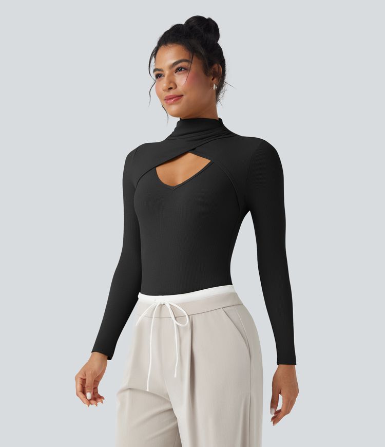 Ribbed Knit High-neck Cut-out Long Sleeve Skinny Work Bodysuit