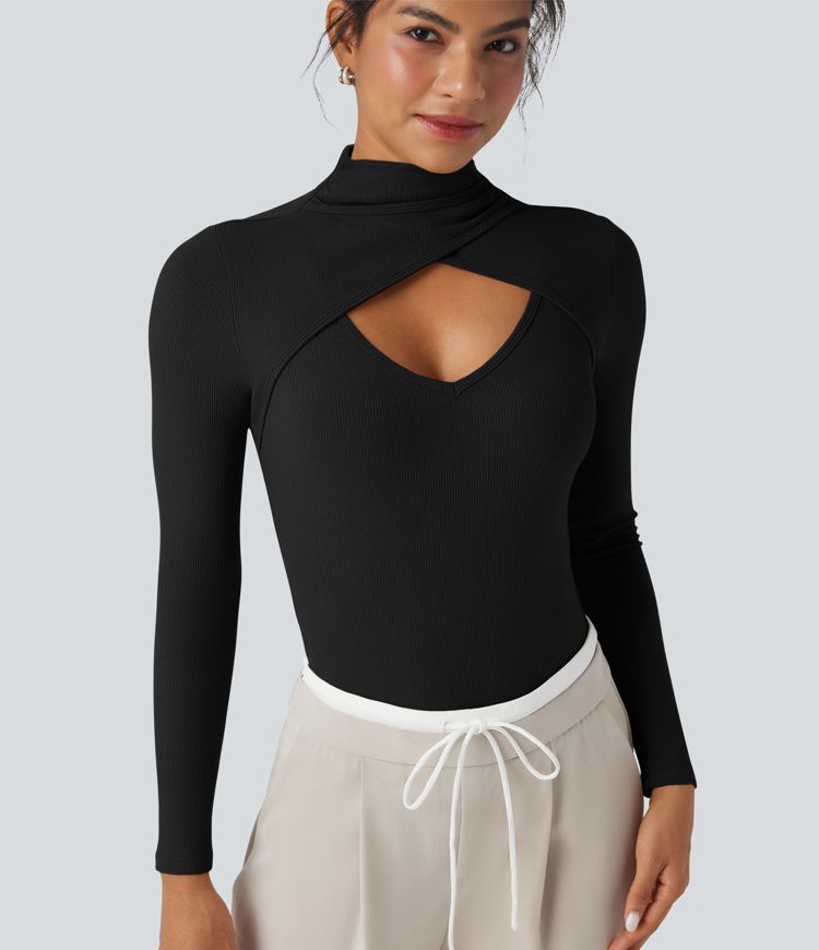 Ribbed Knit High-neck Cut-out Long Sleeve Skinny Work Bodysuit