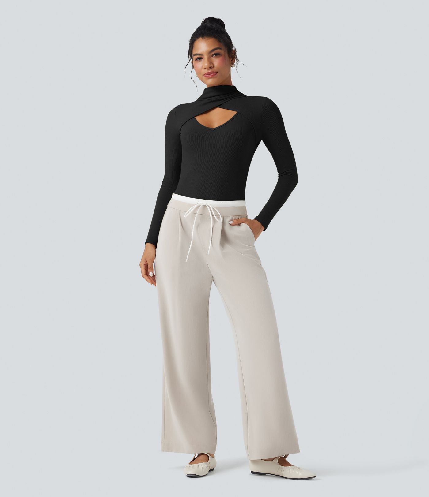 Ribbed Knit High-neck Cut-out Long Sleeve Skinny Work Bodysuit