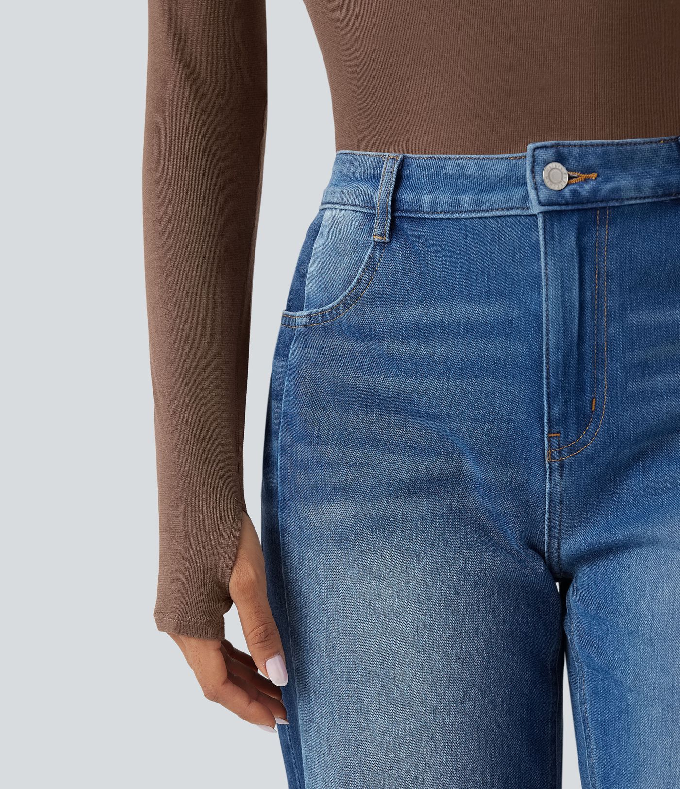 Top casual de lana con escote barco, mangas largas y buttura para pulgar