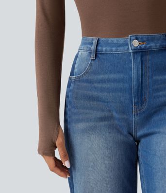 Top casual de lana con escote barco, mangas largas y buttura para pulgar