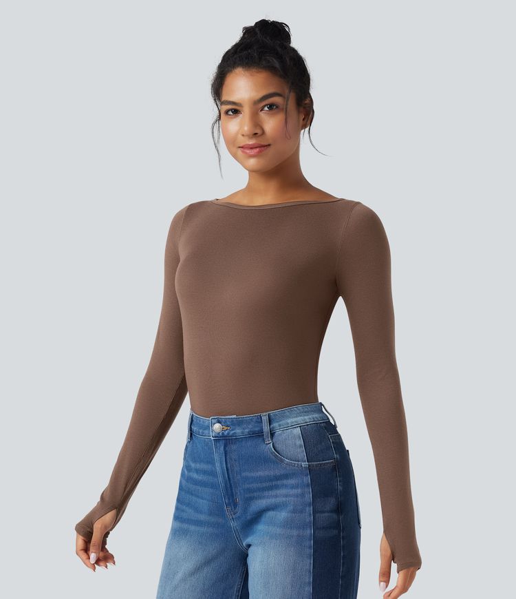 Boat Neck Long Sleeve Thumb Hole Casual Wool-Blend Top