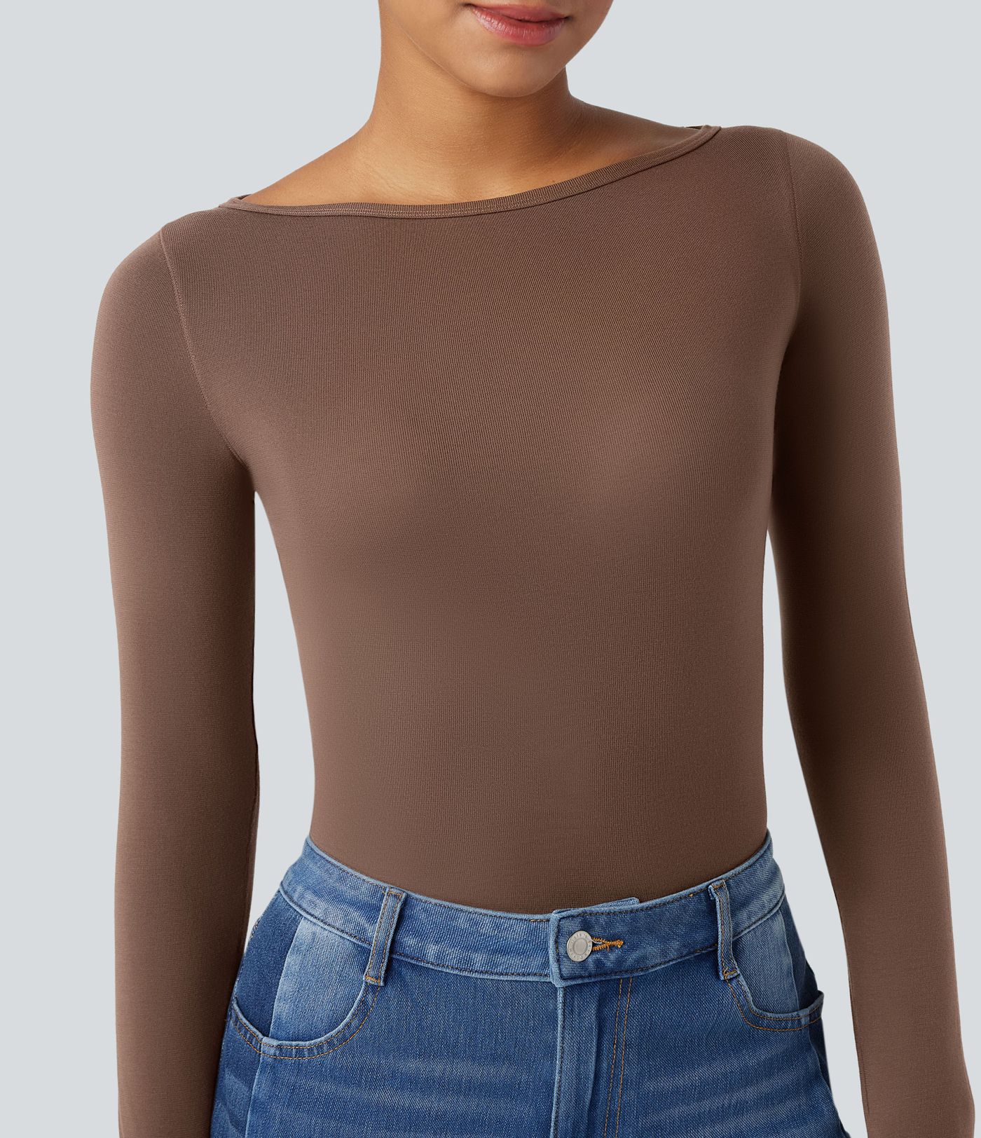 Top casual de lana con escote barco, mangas largas y buttura para pulgar