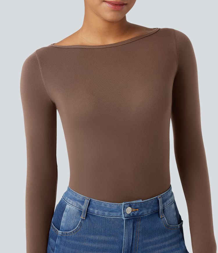 Boat Neck Long Sleeve Thumb Hole Casual Wool-Blend Top