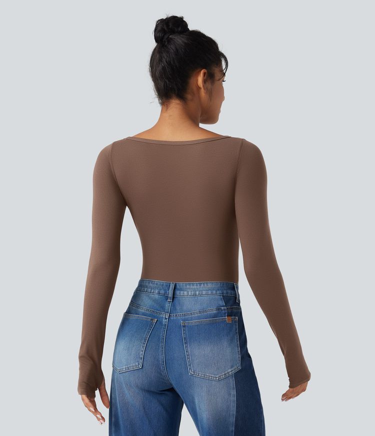 Boat Neck Long Sleeve Thumb Hole Casual Wool-Blend Top