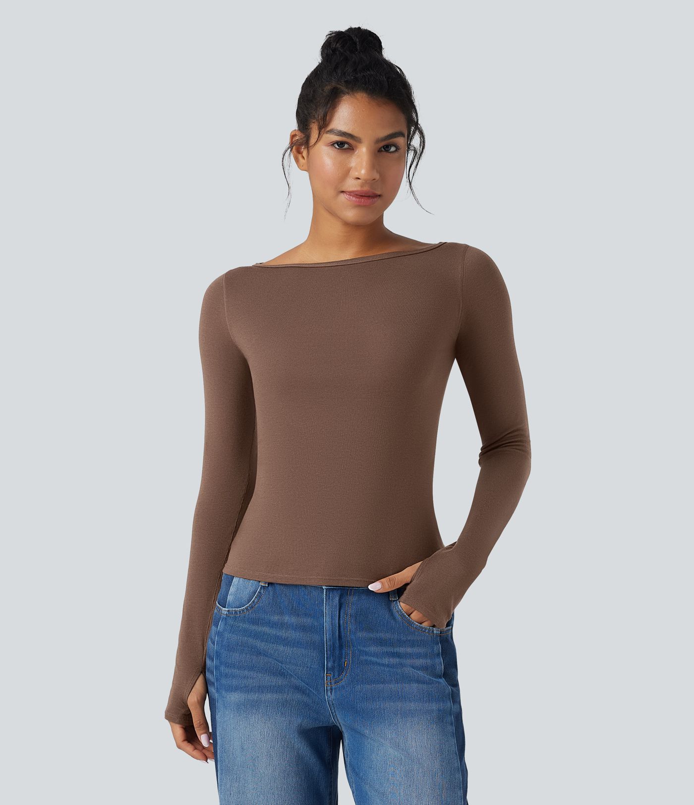 Top casual de lana con escote barco, mangas largas y buttura para pulgar