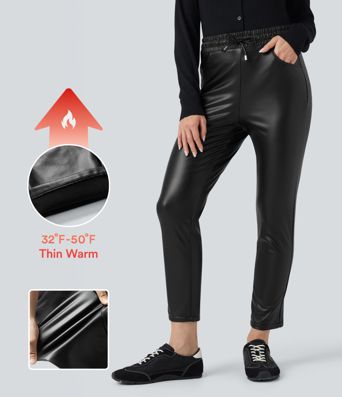 High Waisted Drawstring Stretchy PU Fleece 7/8 Casual Tapered Pants with Pockets