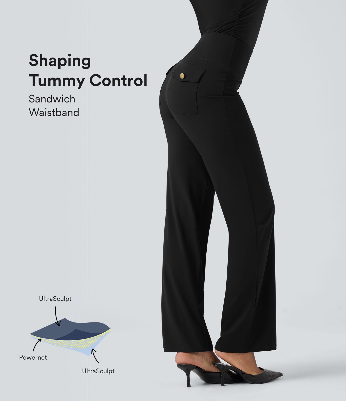 Halara UltraSculpt™ SoCinched vysoké kalhoty s vysokým pasem a kontrolou břicha, rovný střih, s kapsami