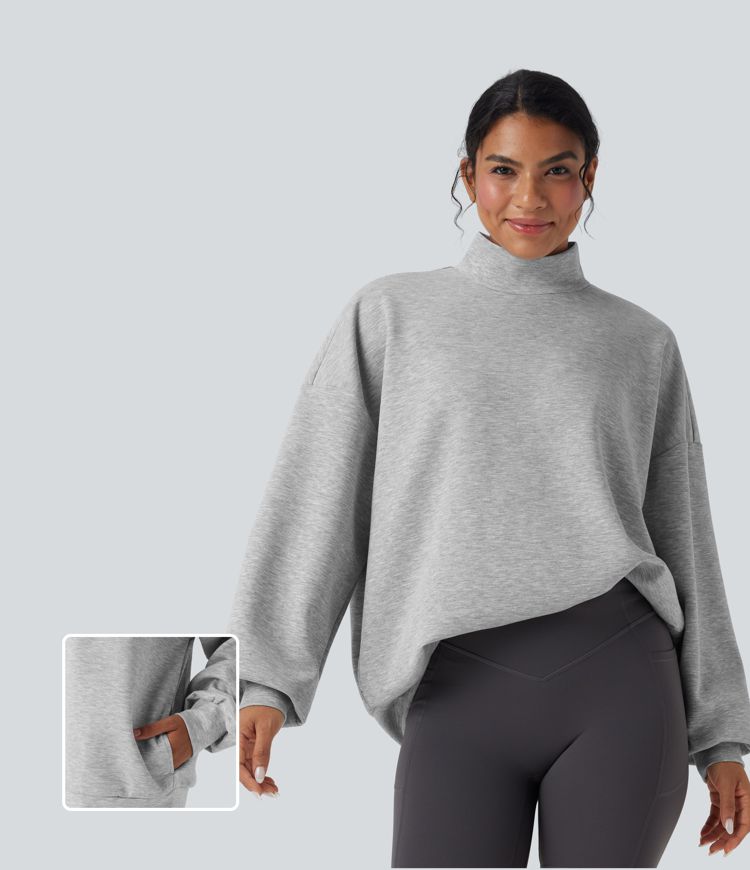 Mock-neck Relaxed Casual Sweatshirt with Pockets