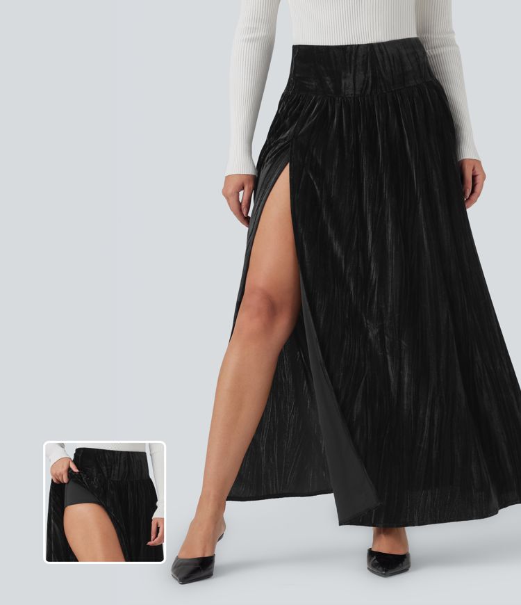 High Waisted 2-in-1 Velvet Maxi Casual Skirt