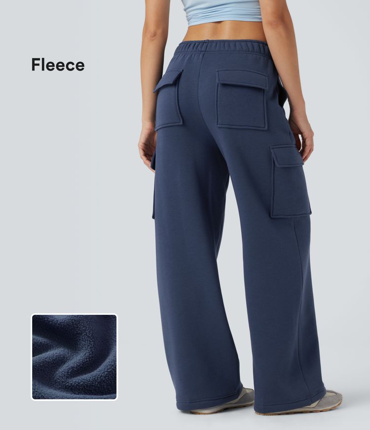 Mid Rise Fleece Cargo Wide Leg Casual Pants with Pockets