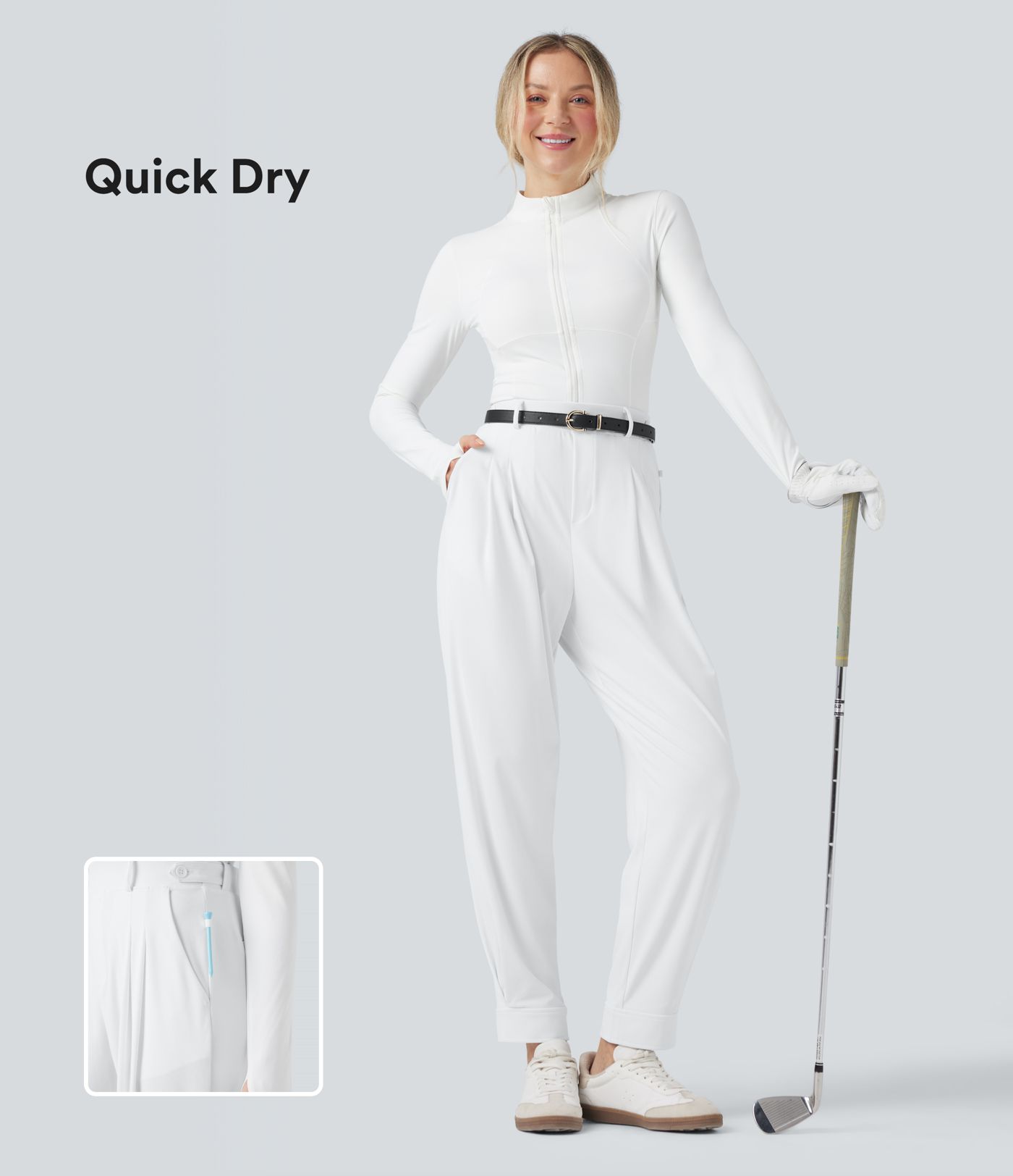 Pantalon de golf fuselé, taille haute, taille ajustable, séchage rapide, avec poches et poche tee, UPF40+