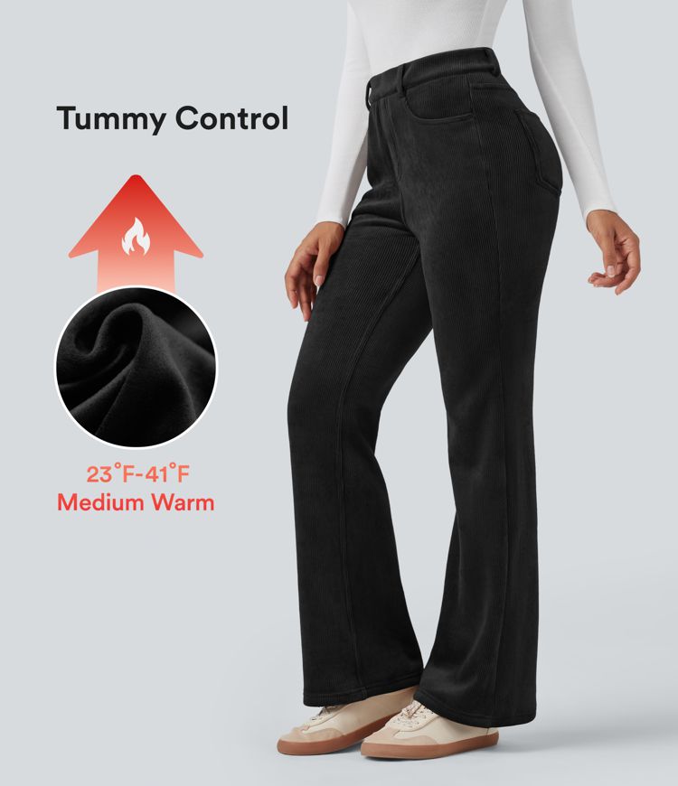 High Waisted Tummy Control Fleece Corduroy Casual Flare Pants with Pockets