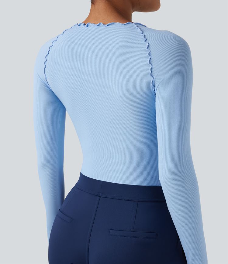 Ribbed Knit Lettuce Trim Round Neck Long Sleeve Work Bodysuit