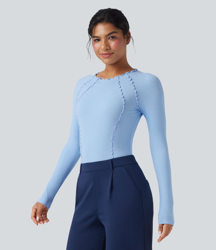 Ribbed Knit Lettuce Trim Round Neck Long Sleeve Work Bodysuit