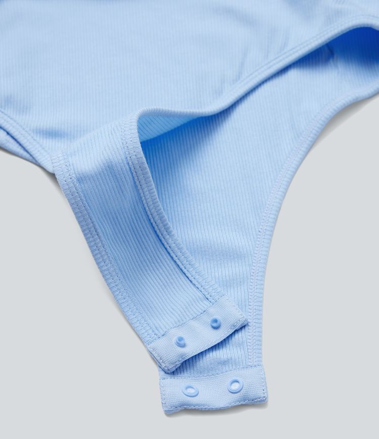 Ribbed Knit Lettuce Trim Round Neck Long Sleeve Work Bodysuit