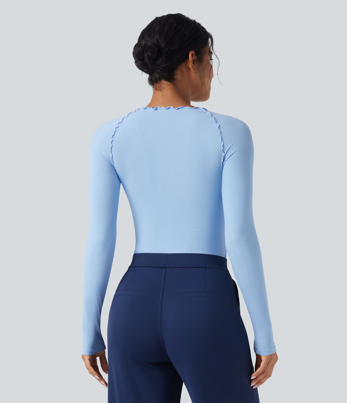 Ribbed Knit Lettuce Trim Round Neck Long Sleeve Work Bodysuit