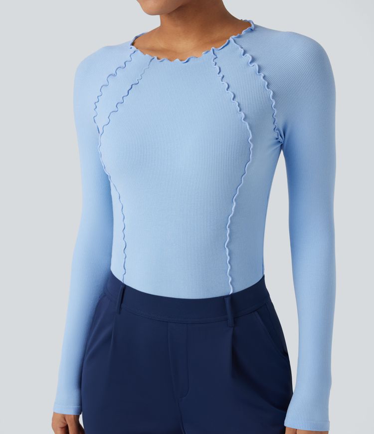 Ribbed Knit Lettuce Trim Round Neck Long Sleeve Work Bodysuit