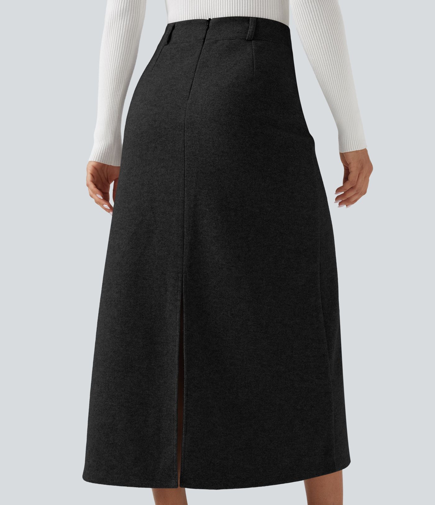 Falda midi de talle alto con abertura, de forro polar, estilo casual, corte evasé.
