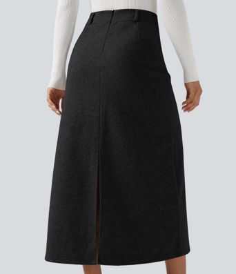 Falda midi de talle alto con abertura, de forro polar, estilo casual, corte evasé.