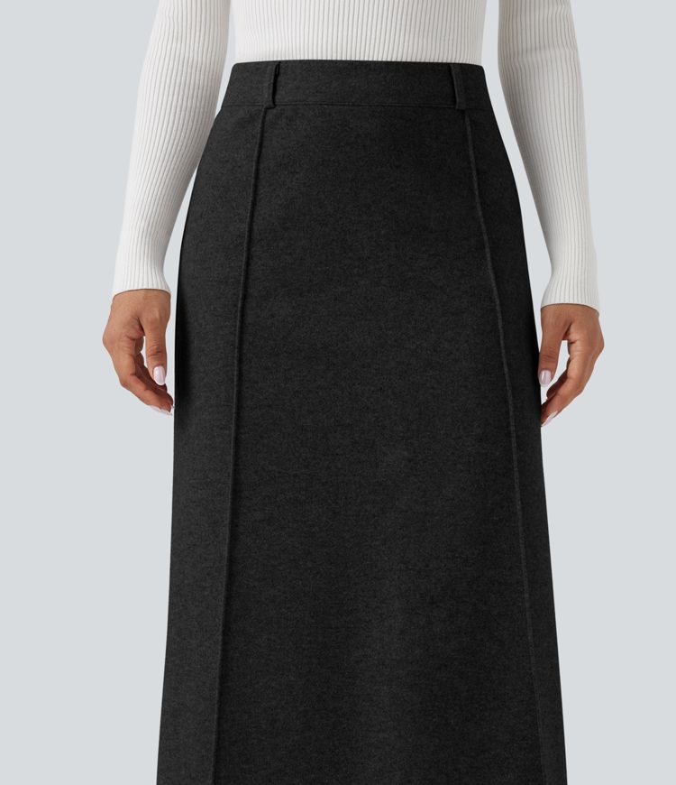 Falda midi de talle alto con abertura, de forro polar, estilo casual, corte evasé.