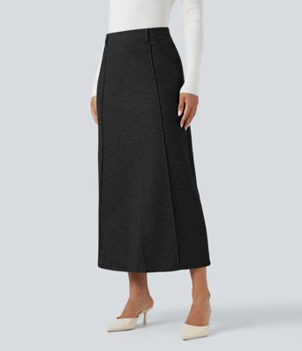 Falda midi de talle alto con abertura, de forro polar, estilo casual, corte evasé.