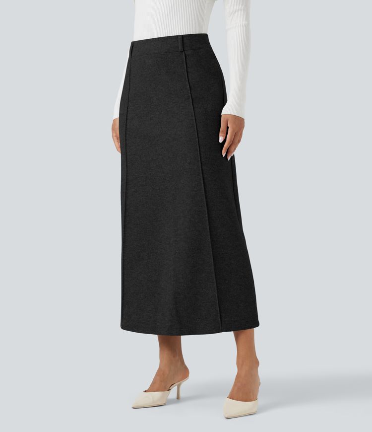 Falda midi de talle alto con abertura, de forro polar, estilo casual, corte evasé.