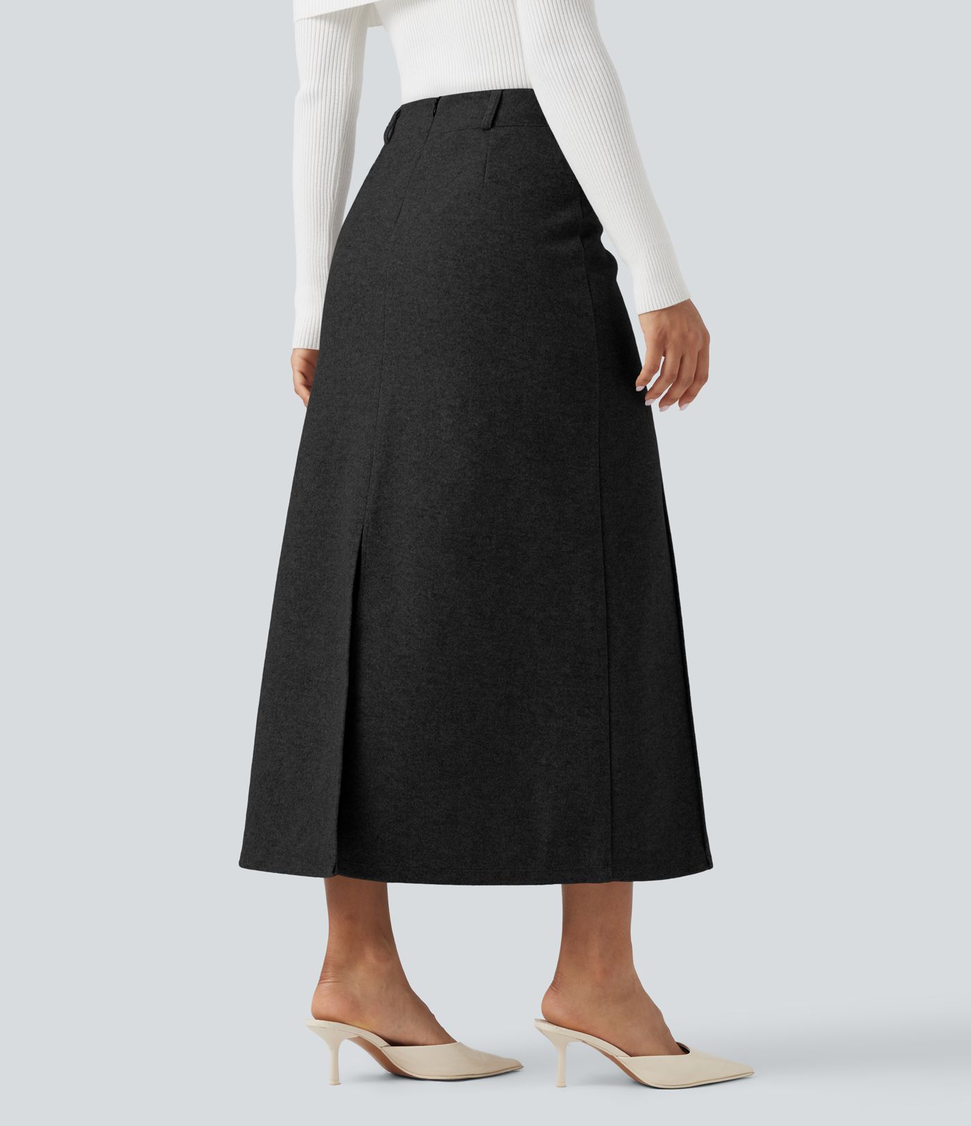 Falda midi de talle alto con abertura, de forro polar, estilo casual, corte evasé.