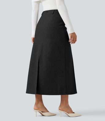 Falda midi de talle alto con abertura, de forro polar, estilo casual, corte evasé.