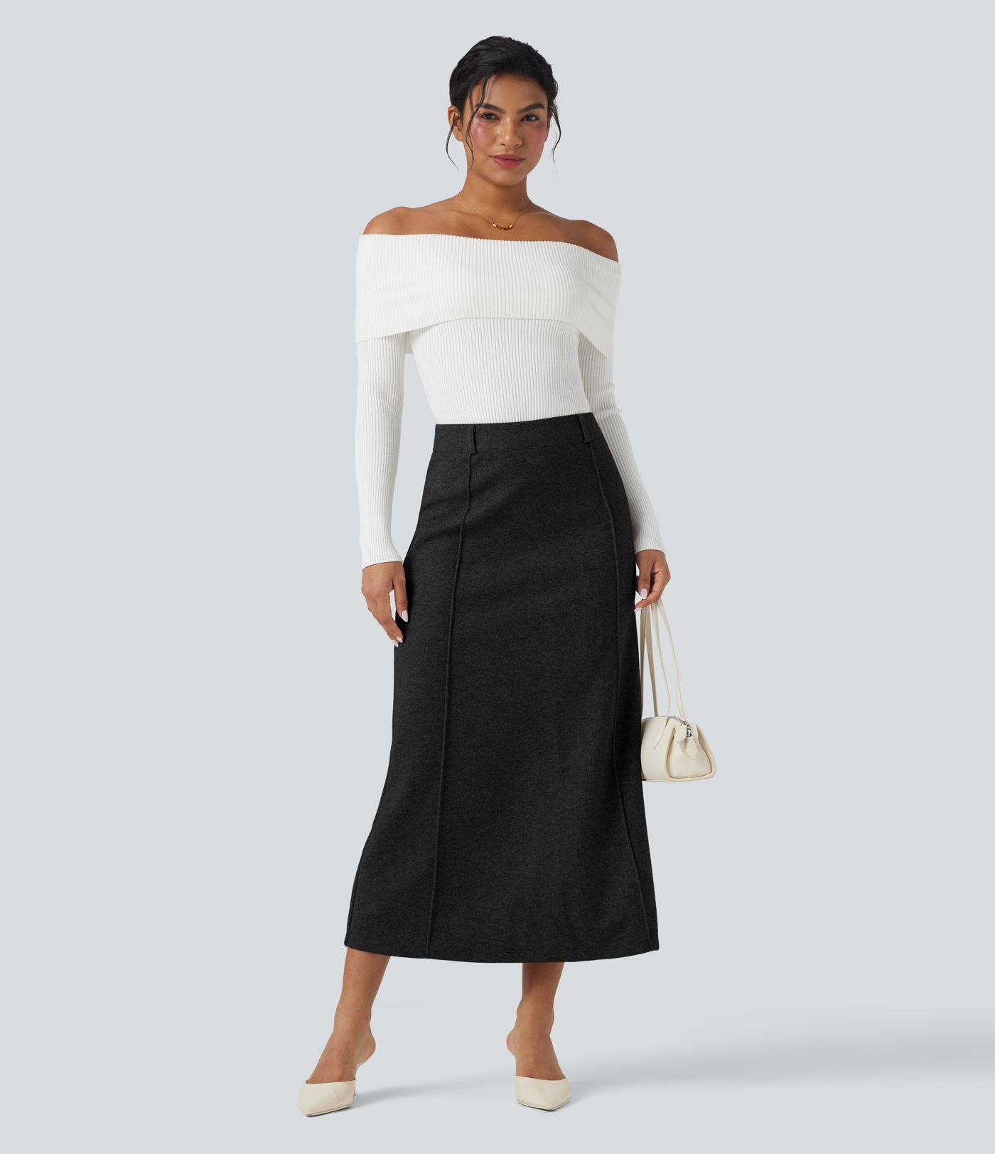 Falda midi de talle alto con abertura, de forro polar, estilo casual, corte evasé.