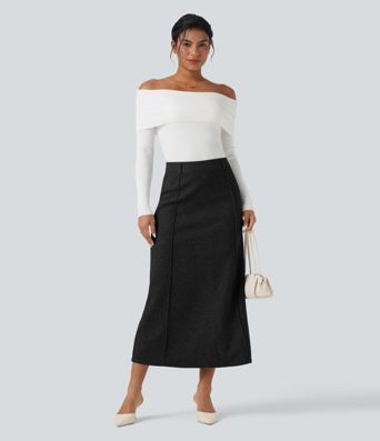 Falda midi de talle alto con abertura, de forro polar, estilo casual, corte evasé.