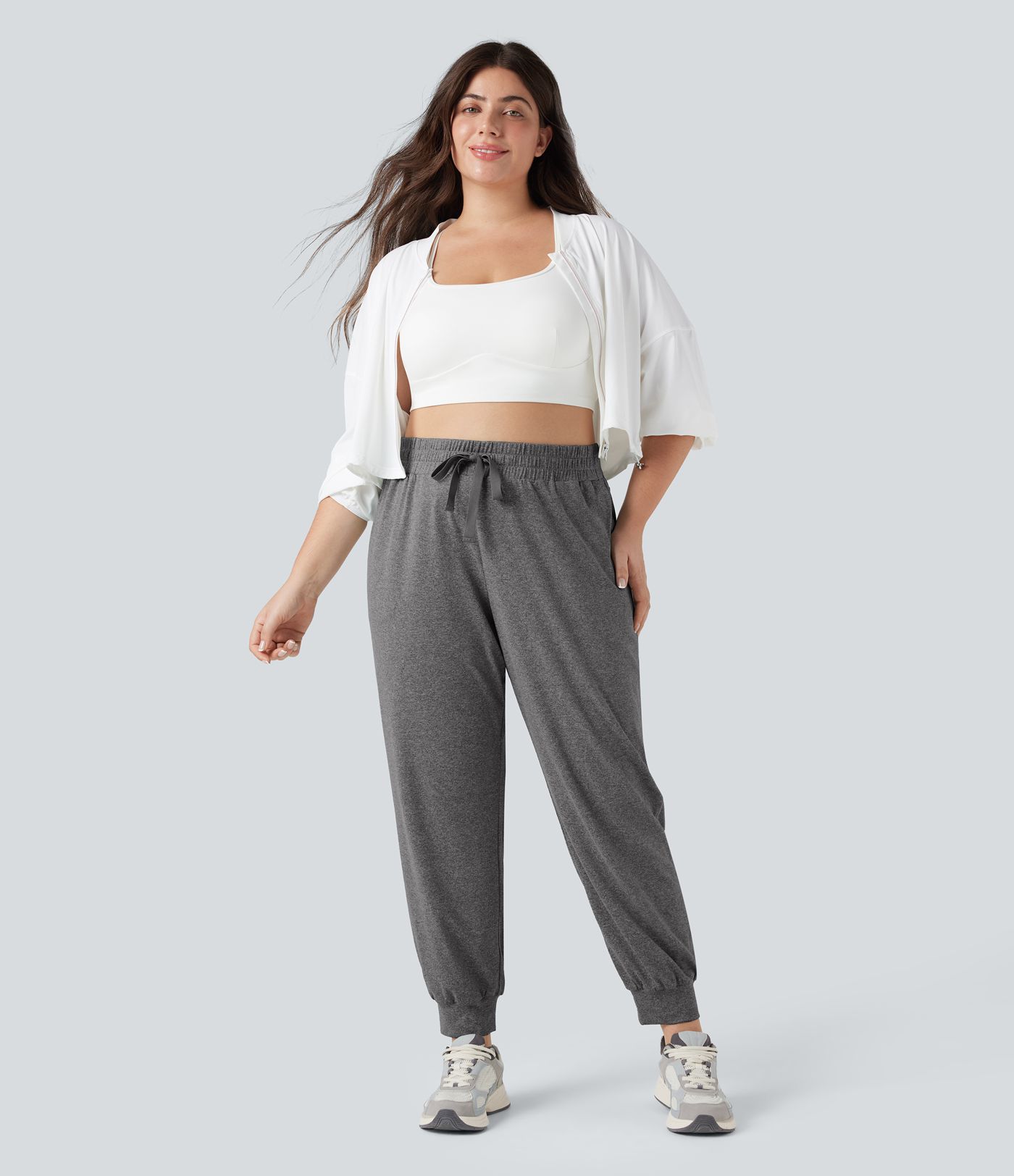 High Waisted Drawstring Ruched Yoga Plus Size Joggers with Pockets