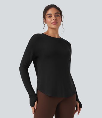 Sudadera casual holgada de manga larga con aberturas en la espalda y dobladillo curvo